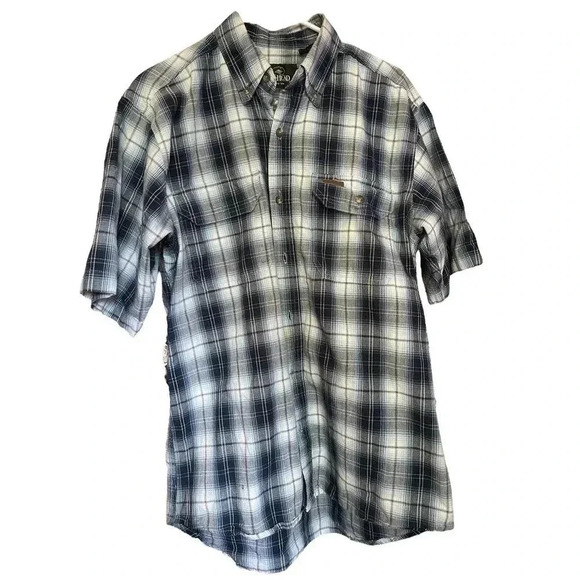 REDHEAD SIZE MEDIUM BLUES STRIPES BUTTON DOWN SHORT SLEEVES - Picture 1 of 3